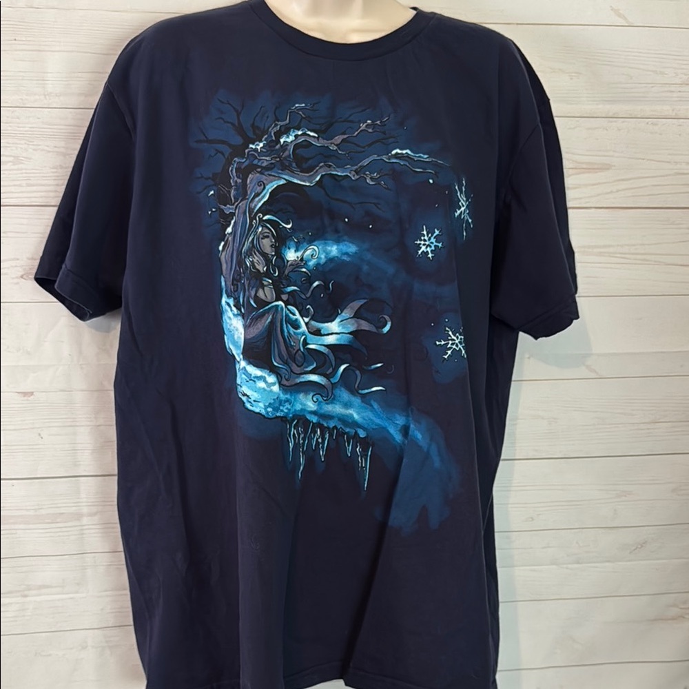 Shirt Woot Size XL Ladies Navy Blue whimsical Snow Fairy Graphic T-Shirt